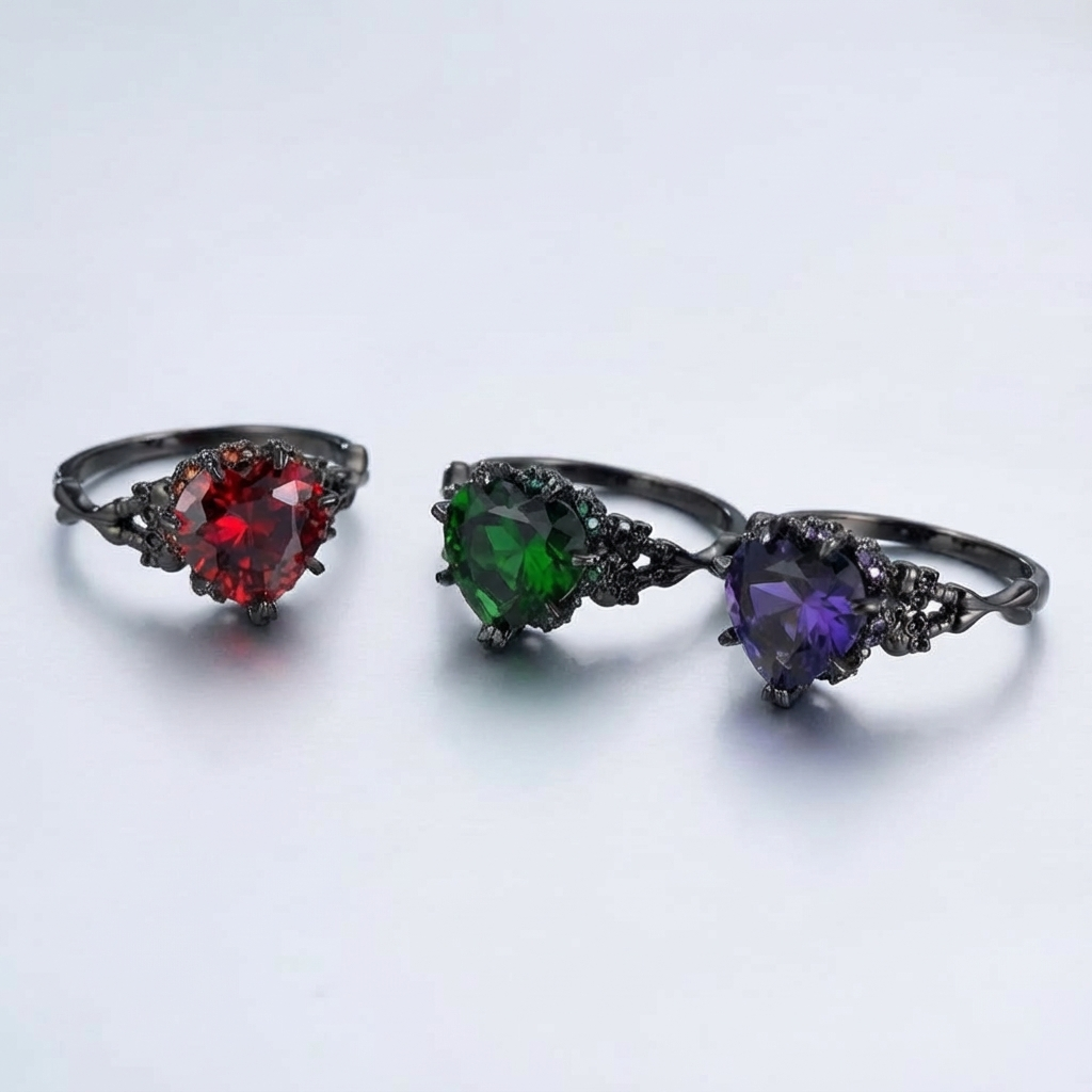 Gothic Black Double Skull Ring with Red Heart-Shaped Crystal – Vintage Women’s Jewelry for Parties, Weddings, and Casual Attire, Skull Jewelry