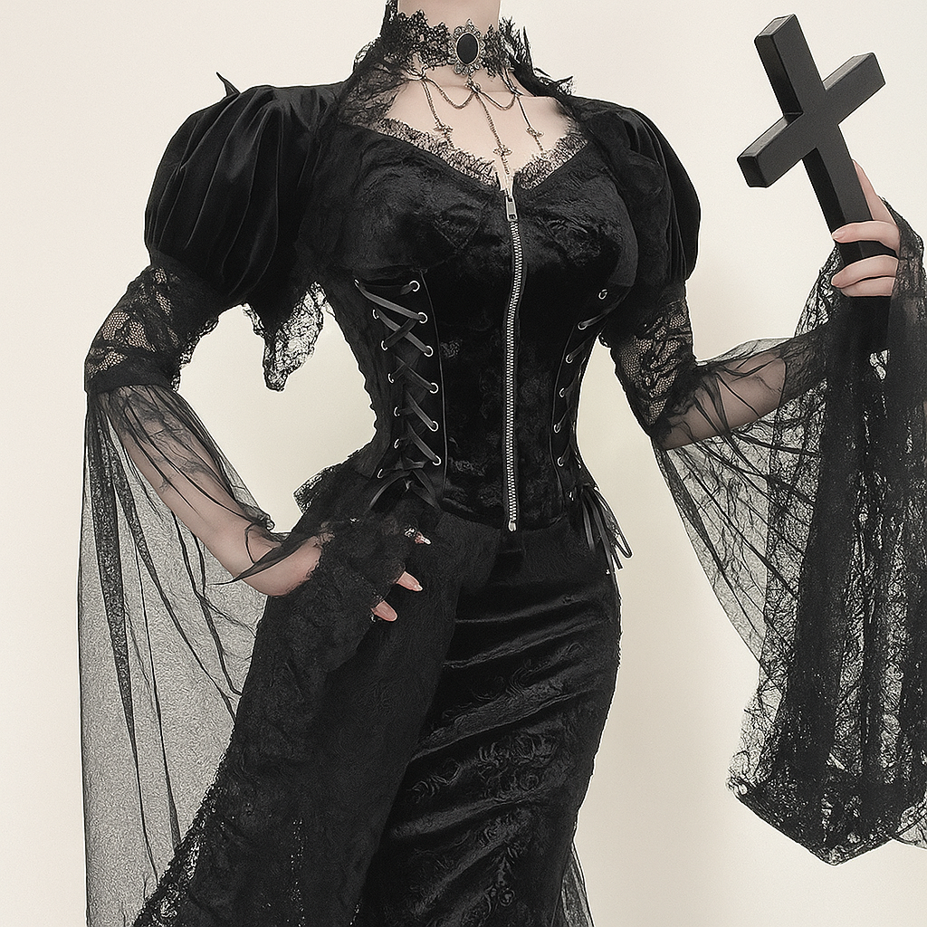 Velvet Cape Top With Flared Sleeves For Gothic Grunge Style