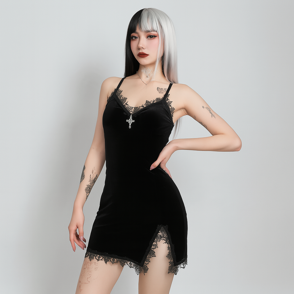 Dark Velvet Lace V-Neck Dress