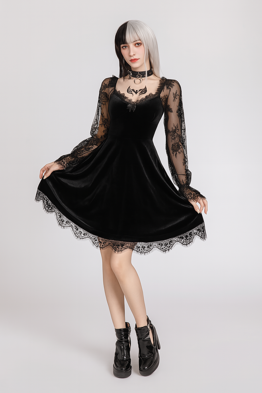 Sensual Lace Gothic A-Line Dress with Ruffled Hem