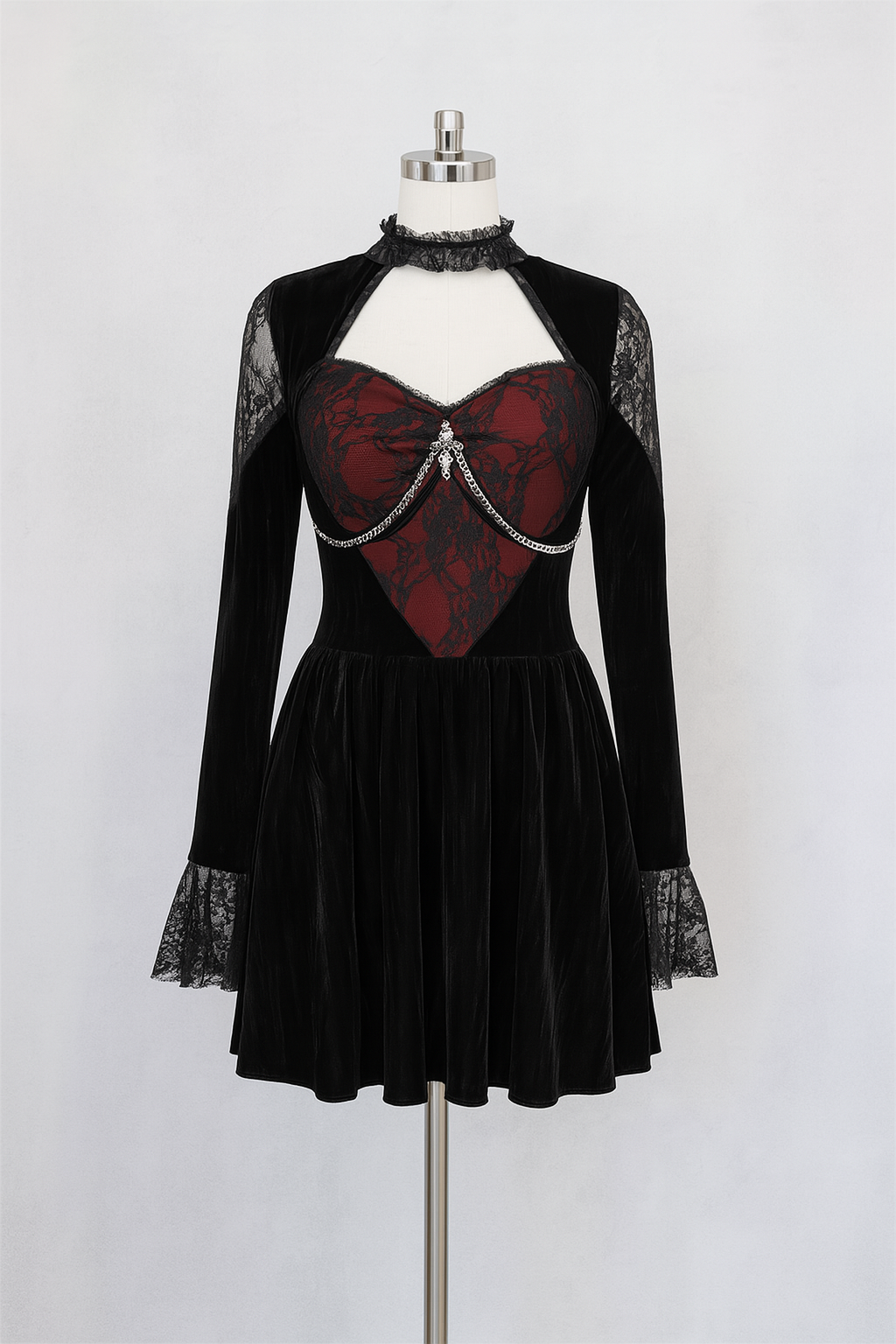Sexy Lace Trim Velvet Skater Dress in Red Floral Gothic Style