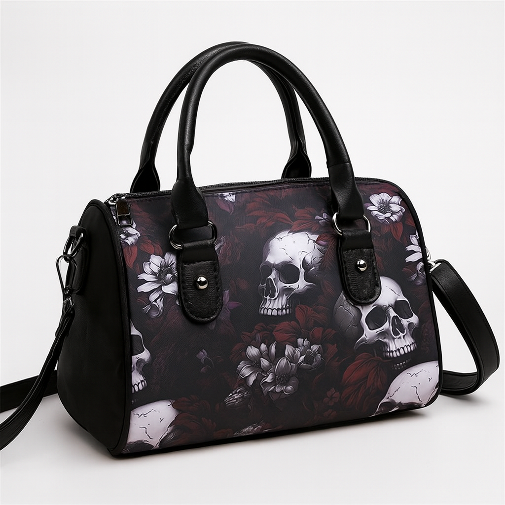 Skull Flower Pattern Handbag, Gothic Boston Shoulder Bag, Halloween Crossbody Bag For Women