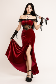 Gothic Velvet Off-Shoulder Dress with Lace Accents
