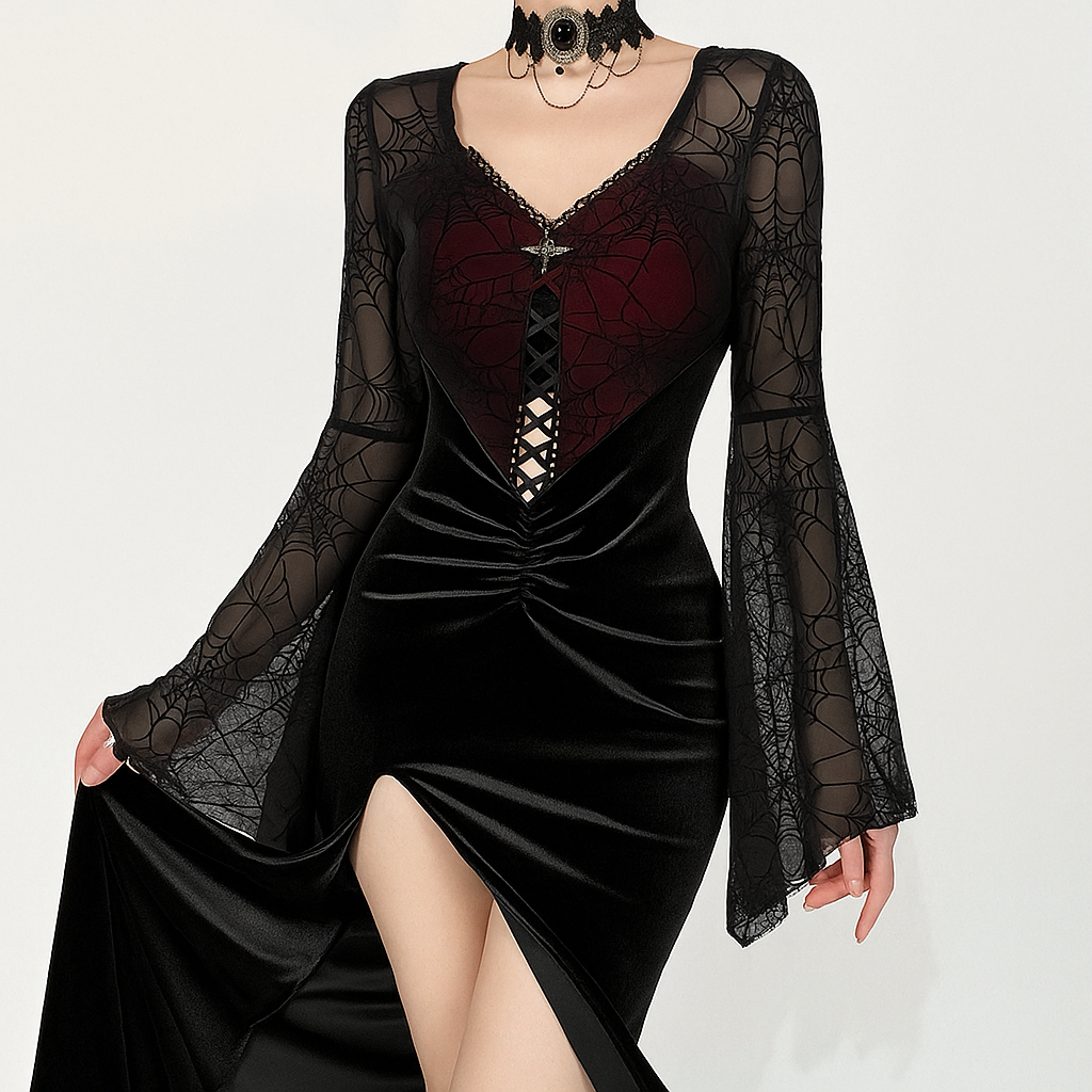 Gothic Spiderweb Velvet Slit Dress with Bell Sleeves for Halloween Elegance