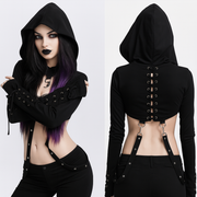 Cropped Black Gothic Hoodie With Straps