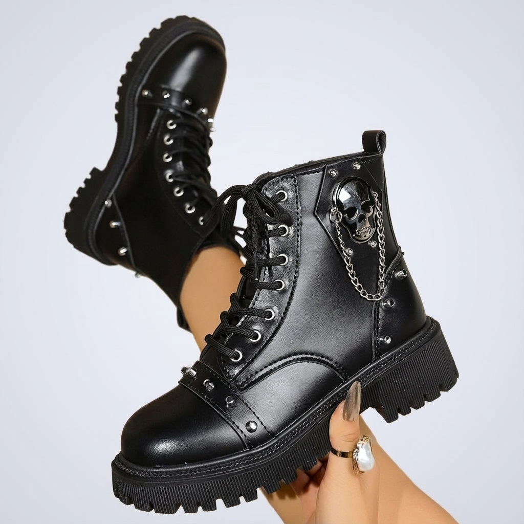 Women'S Chunky Platform Boots - Gothic Lace-Up Ankle Boots with Thick Platform Sole, PU Synthetic Cover Upper, Round Toe for Edgy Streetwear, Concerts, Everyday - Non-Slip Rubber Outsole - Easy-Clean Black Boots, Concert Footwear, Durable Traction Footwea