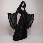 Bat Veil Gothic Sheer Cloak with Dark Floral Velvet Cape Top