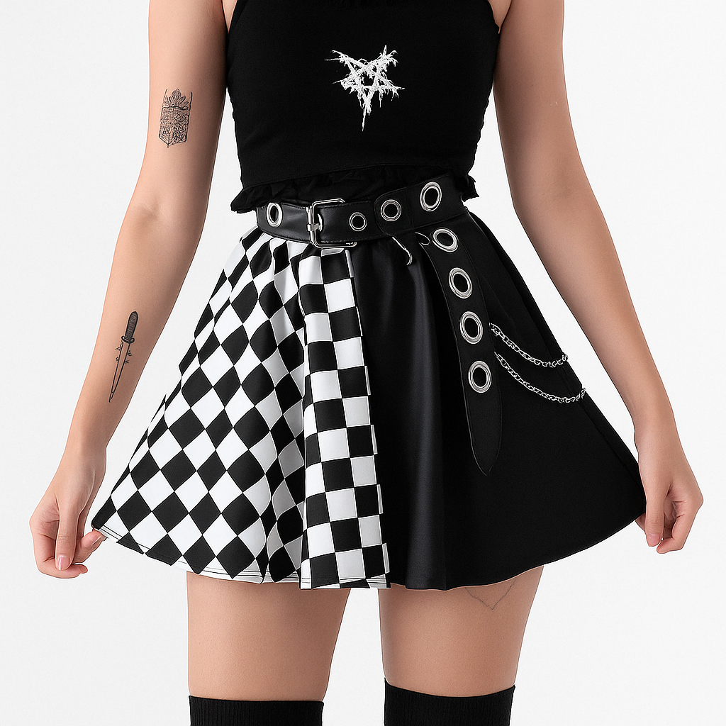 Gothic Houndstooth High Waist Pleated Mini Skirt
