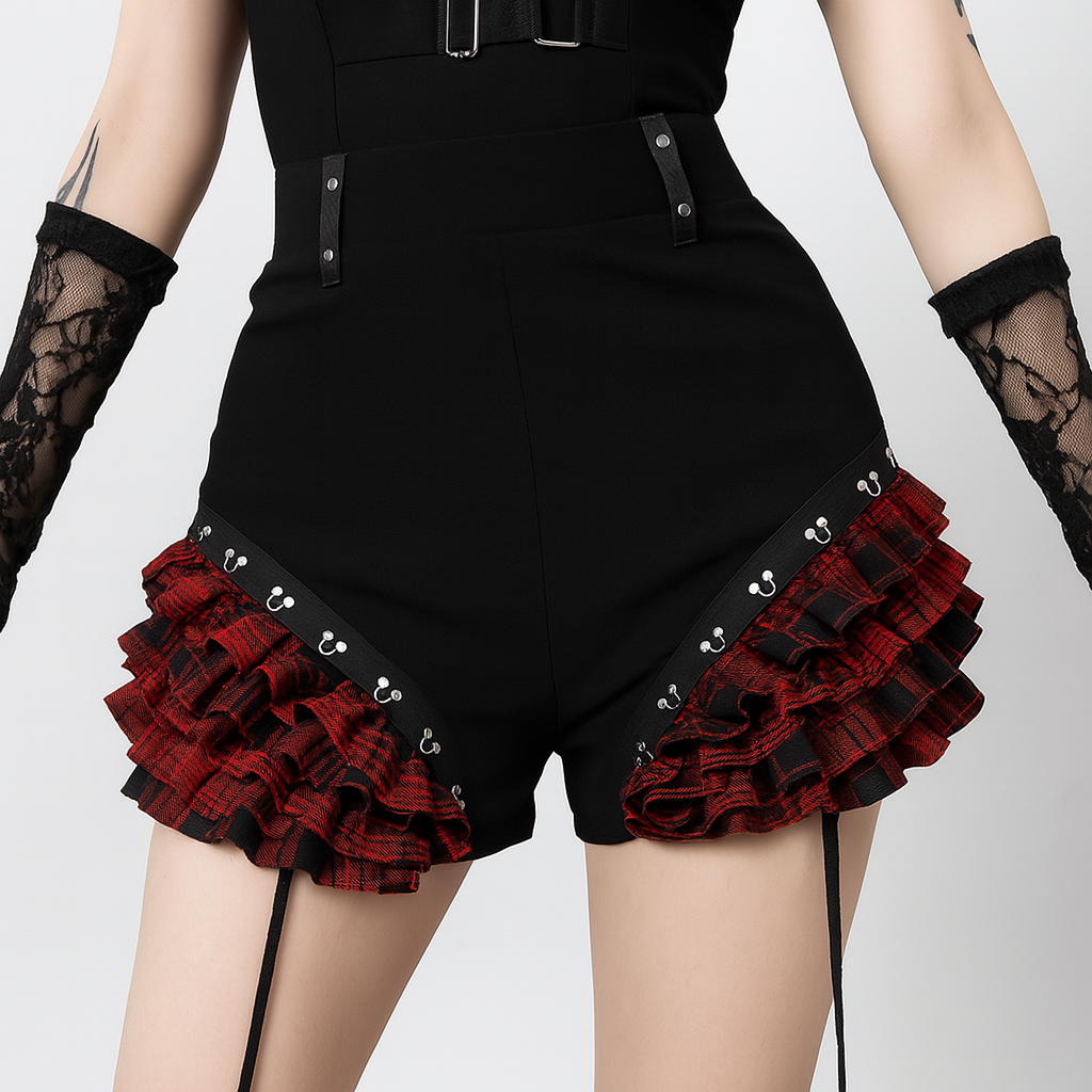 Gothic Grunge Halter Neck Shorts with Plaid Paneling and Ruffle Trim