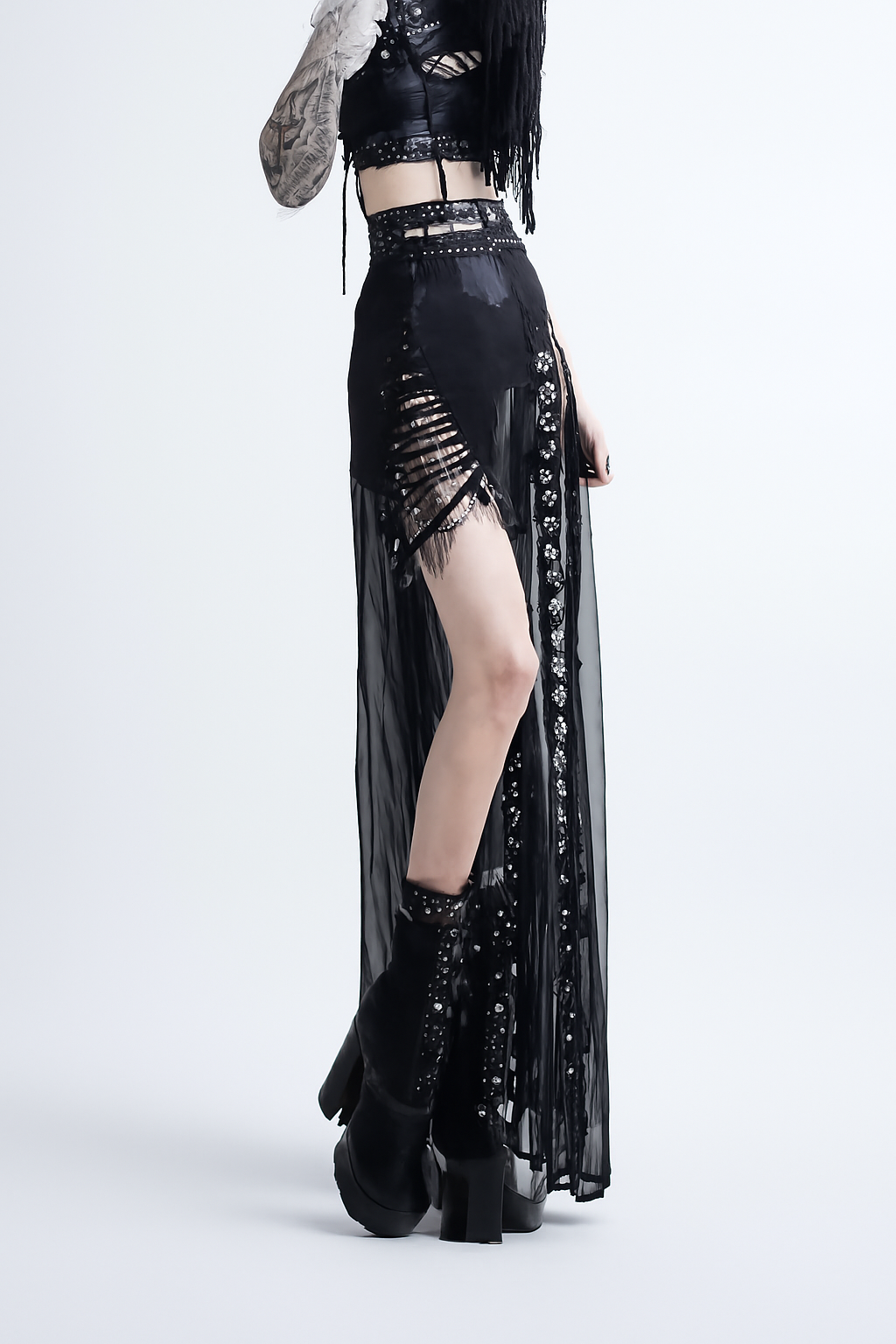Black Lace Maxi Skirt with Sheer Design and Witchy Style