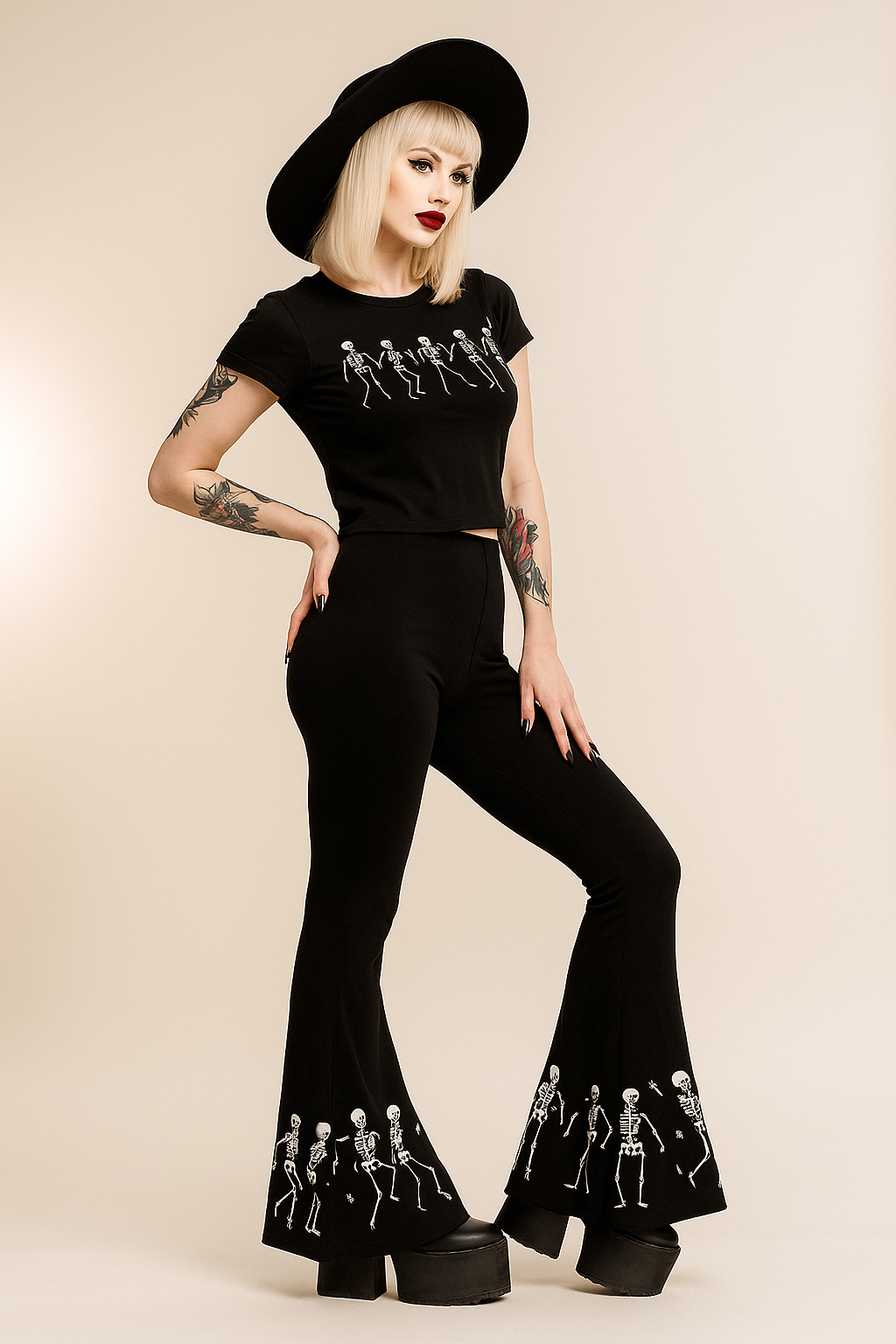 Dancing Skulls Gothic Set Cropped Tee and Flared Pants