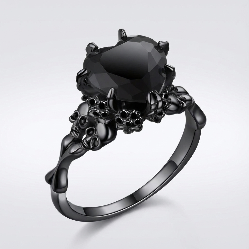 Gothic Black Double Skull Ring with Red Heart-Shaped Crystal – Vintage Women’s Jewelry for Parties, Weddings, and Casual Attire, Skull Jewelry