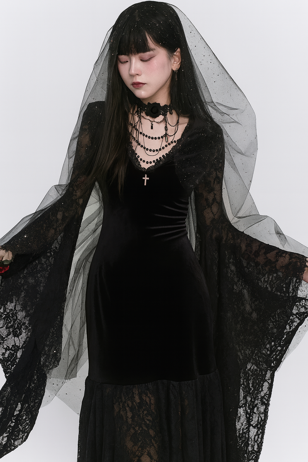 Vampiric Velvet Lace Batwing Dress