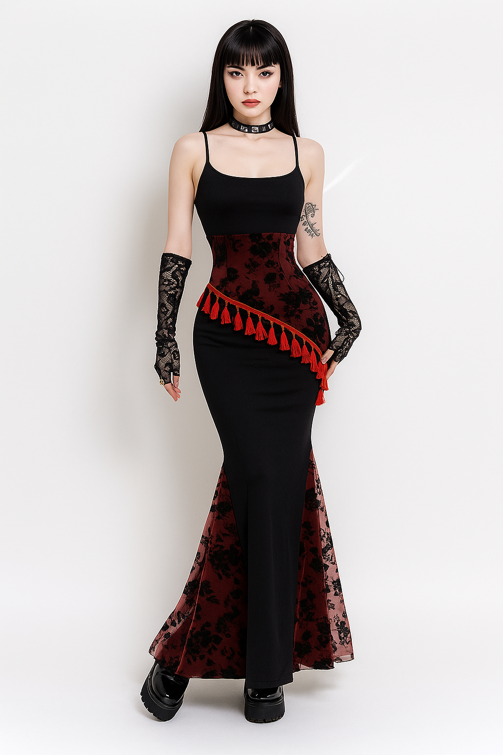 Floral Fringe Gothic Maxi Dress With Lace Accents