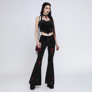 Cross Embroidered Bell-Bottom Pants for Modern Goth Fashion