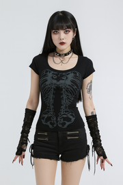 Skull Print Lace-Up Crop Top for Alternative Fashion