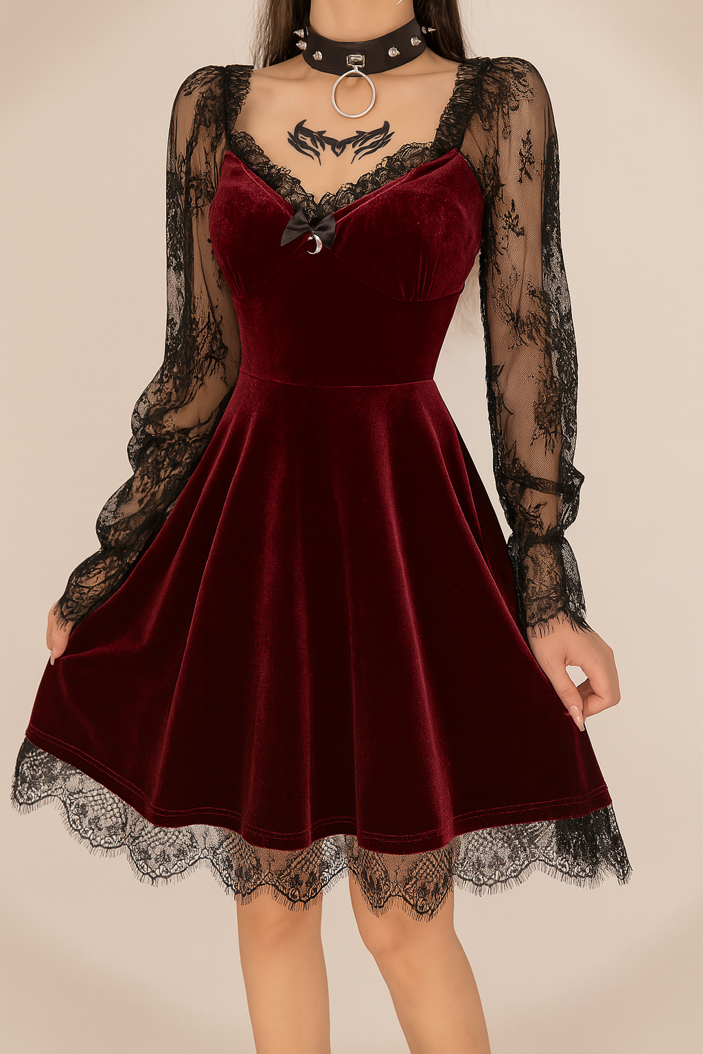 Sensual Lace Gothic A-Line Dress with Ruffled Hem