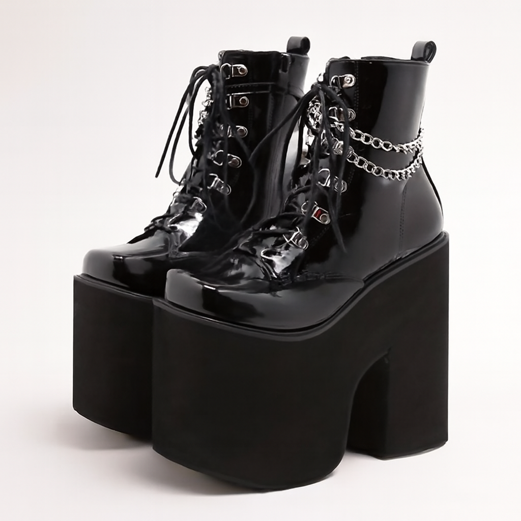 1pr GDGYDH Women's Punk Style Ankle Booties - Solid Color Square Toe Zipper Closure Platform Heel Motorcycle Boots with Chain Detail, Cover Upper, Polyurethane Inner & Insole, Rubber Sole for Dress Occasions