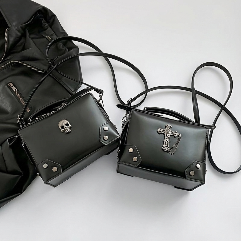 Skull Cross Punk Motorcycle Rivet Handbag Fashion Single Shoulder Crossbody Square Cosmetic Bag Suitable for Women's Daily Use Dating Gift