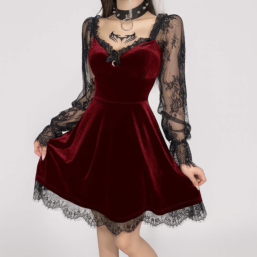 Gothic Ruffled Lace Mini Dress in Black Red and Burgundy