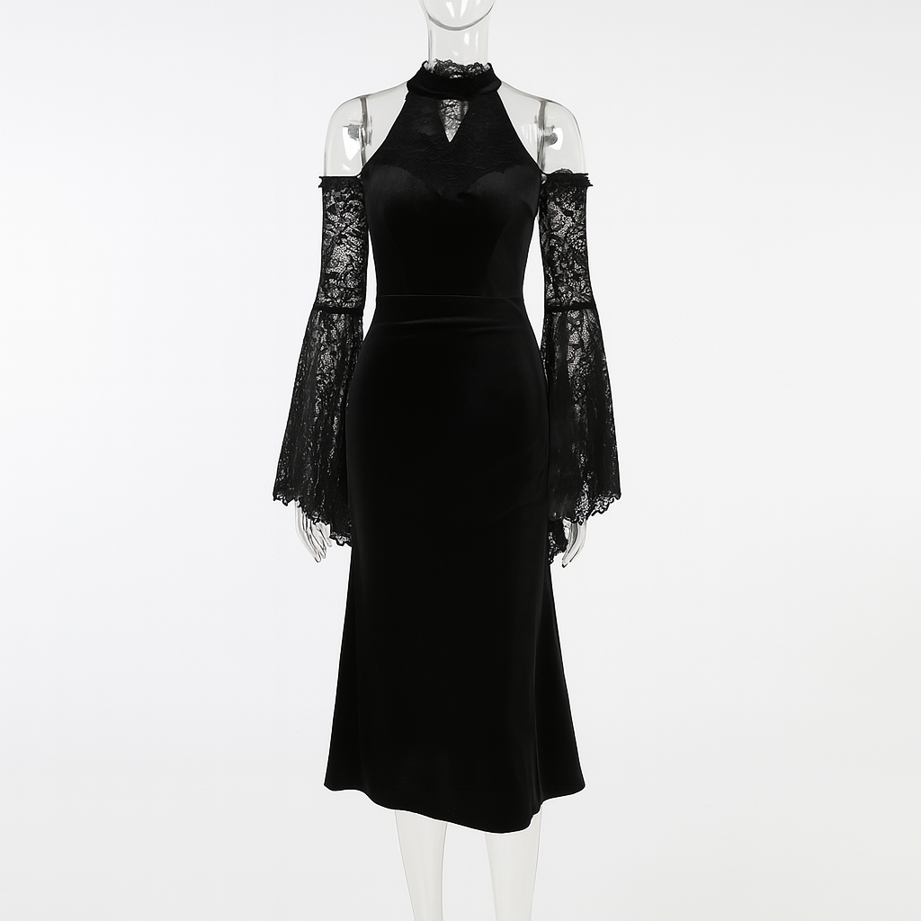 Witchy Off-Shoulder Gothic Dress with Flared Lace Sleeves