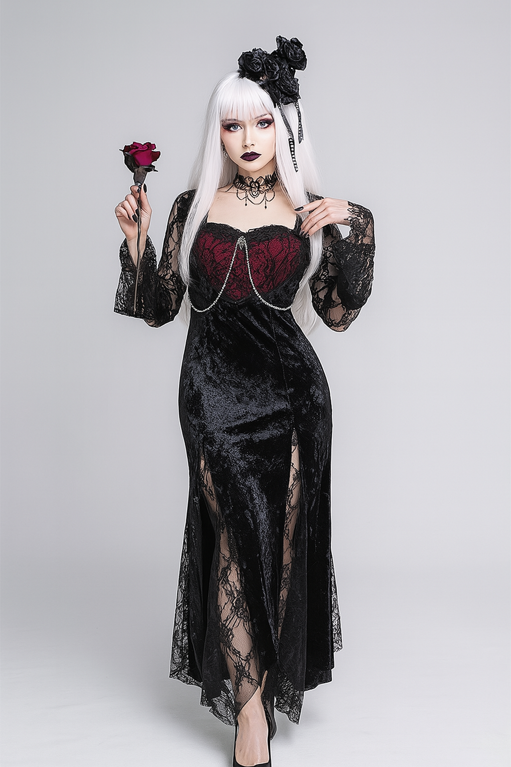 Gothic Lace Velvet Dress with High Slit and Bell Sleeves