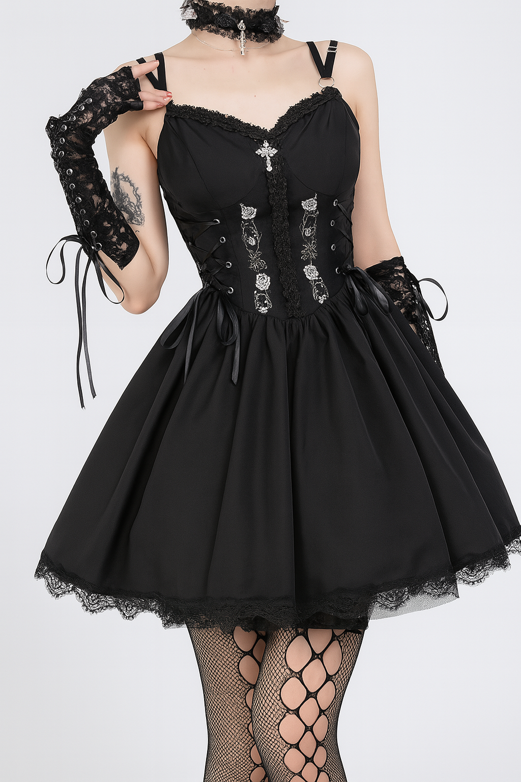 Gothic Elegance A-Line Dress with Lace Detailing