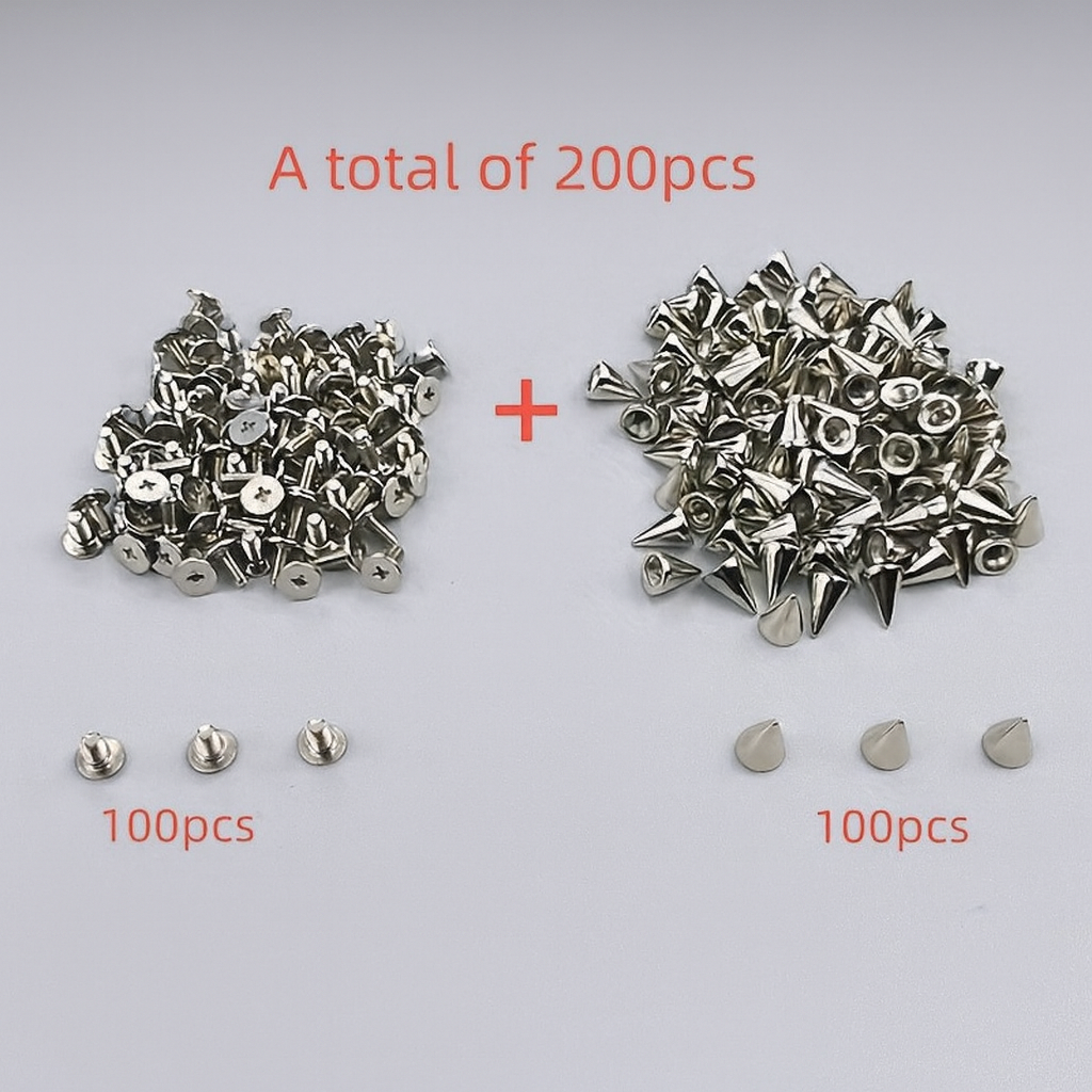 200pcs Alloy Spike Rivets Set - Leathercraft Accessories for DIY Punk Fashion Embellishments, Jackets, Shoes, Belts, Bags - Decorative Cone and Bullet Studs Kit