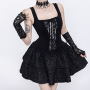 Lace-Up Square Neck Gothic Dress with Ruffle Skirt