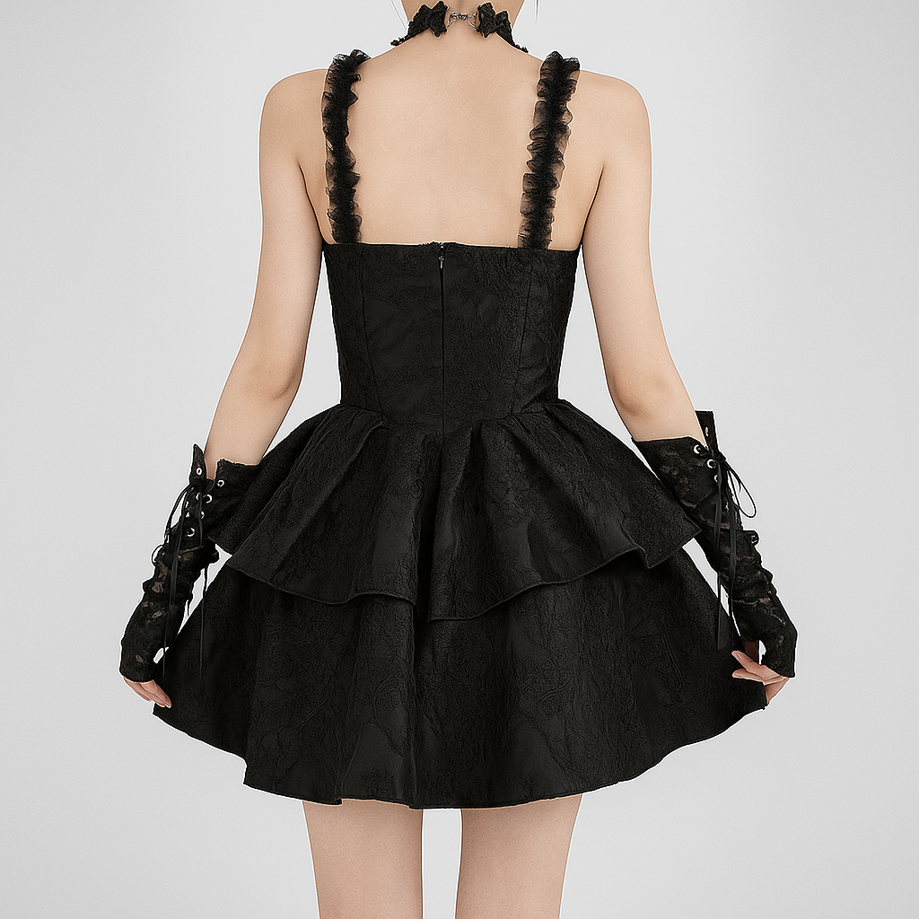 Gothic Ruffled Eclipse Mini Dress in Black Jacquard