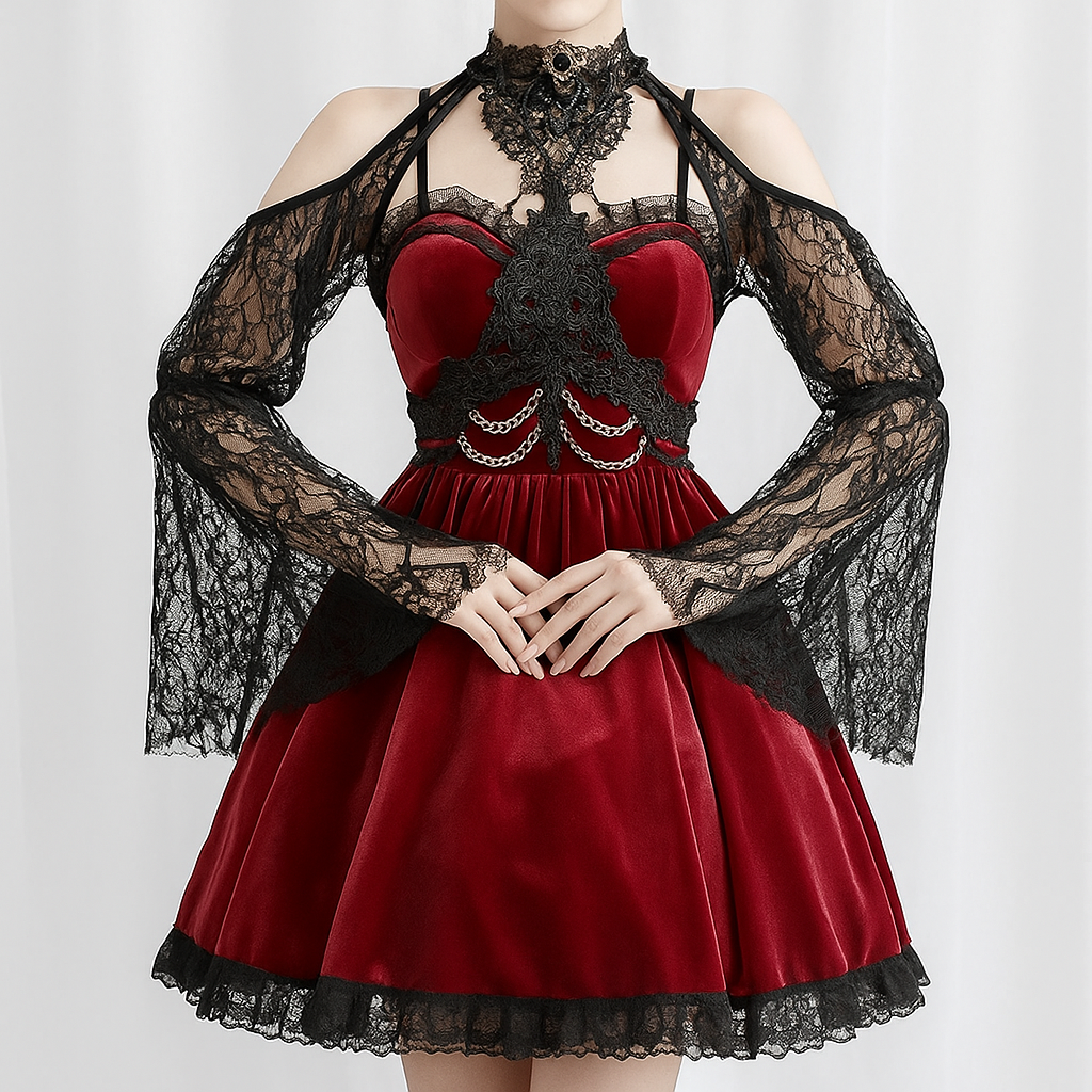 Crimson Chains Gothic Dress with Chain Detail