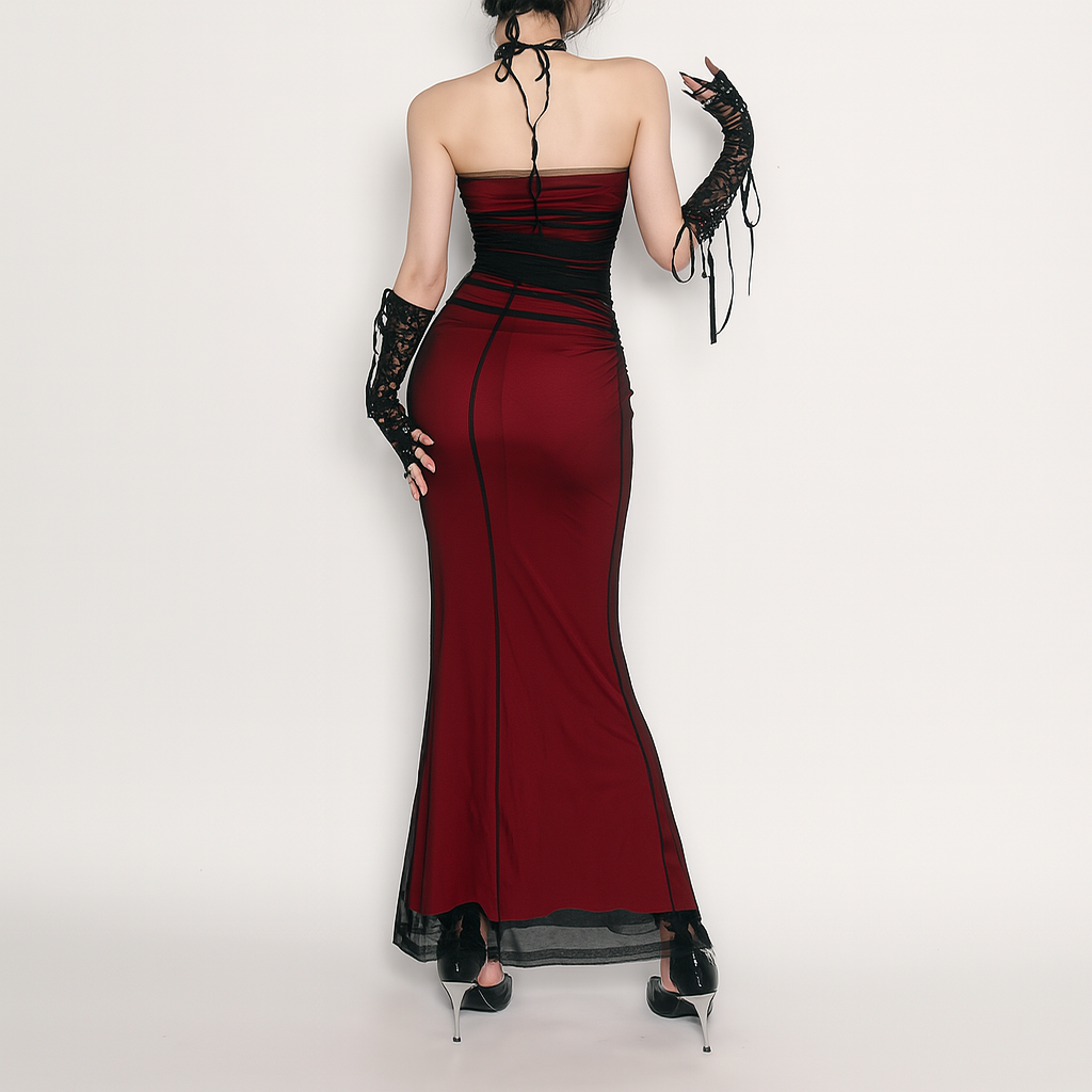Black Red Halter Neck Mesh Dress for Gothic Fashion