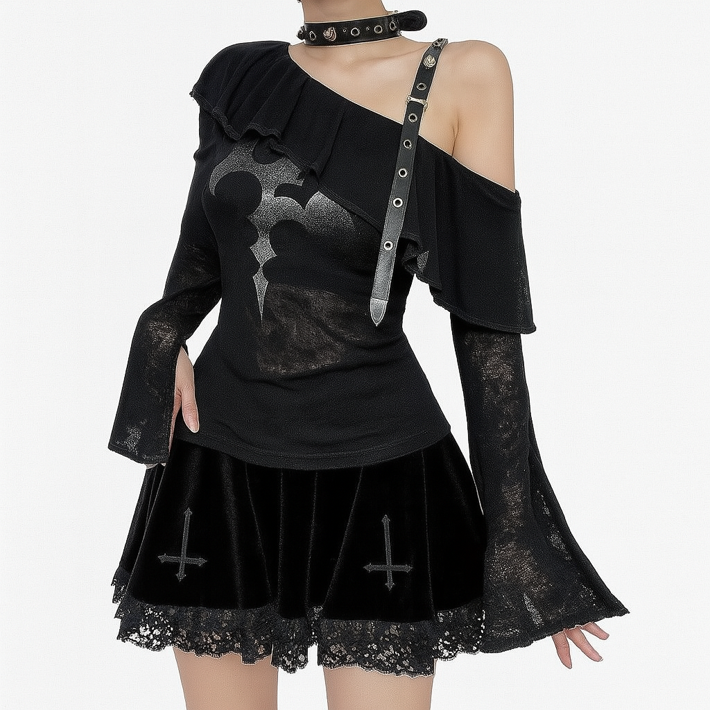High Waist Lace Ruffle Skirt in Black Velvet