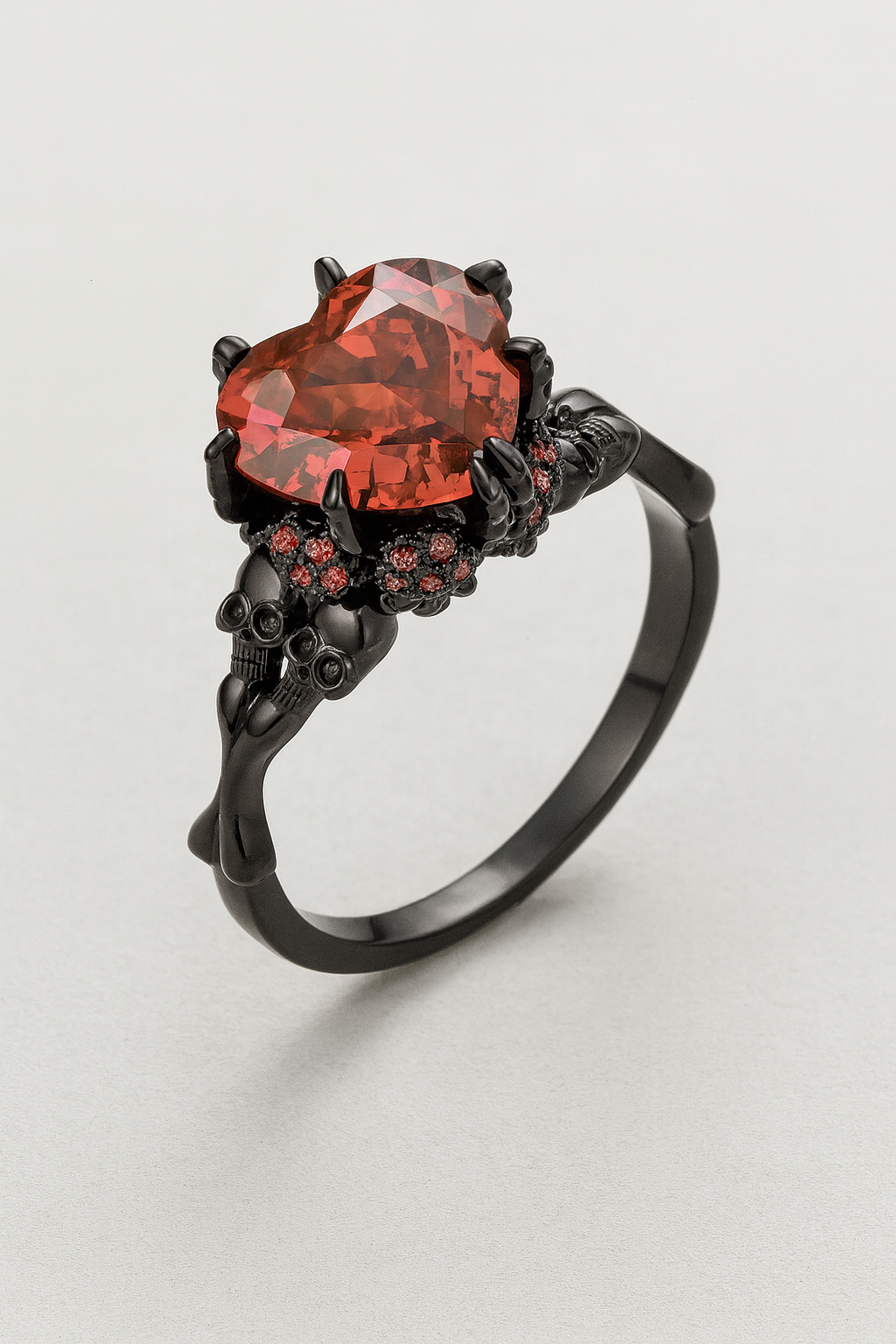Gothic Black Double Skull Ring with Red Heart-Shaped Crystal – Vintage Women’s Jewelry for Parties, Weddings, and Casual Attire, Skull Jewelry