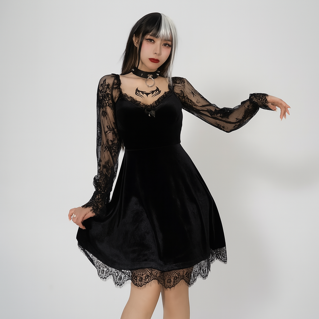 Gothic Ruffled Lace Mini Dress in Black Red and Burgundy