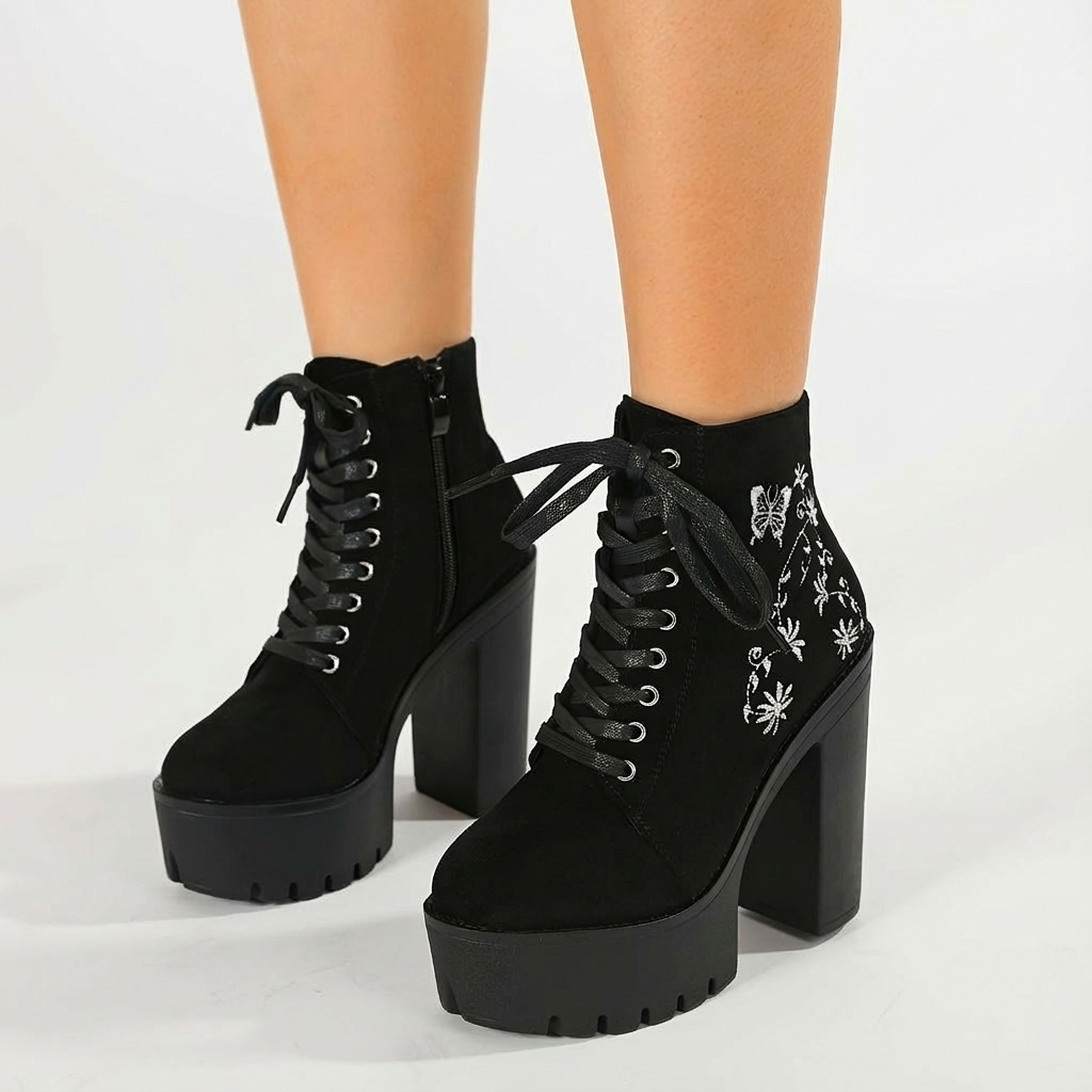 Halloween Flower Embroidery High Heel Ankle Boots, Women's Autumn And Winter Platform Platform Gothic Style Motorcycle Retro Women's Boots