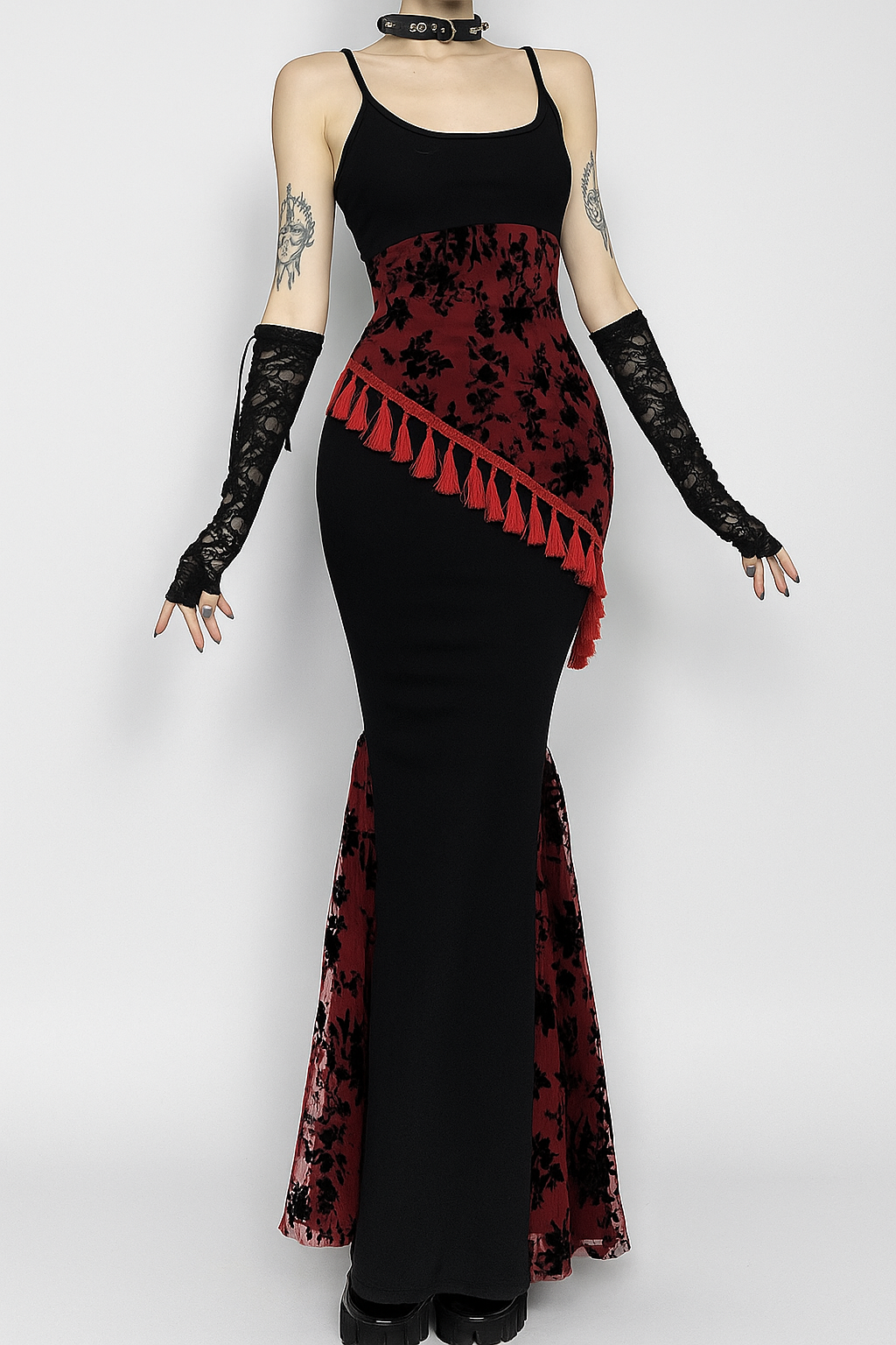 Floral Fringe Gothic Maxi Dress With Lace Accents