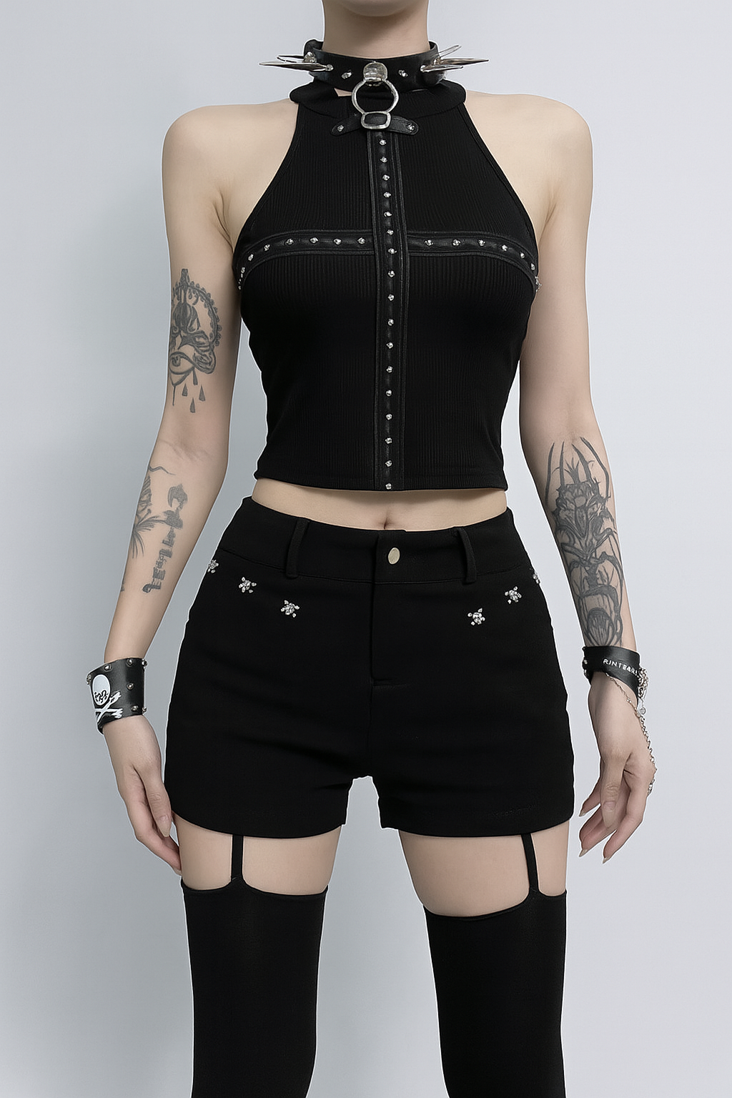 Edgy Halter Neck Gothic Crop Top with Studs and Button Details
