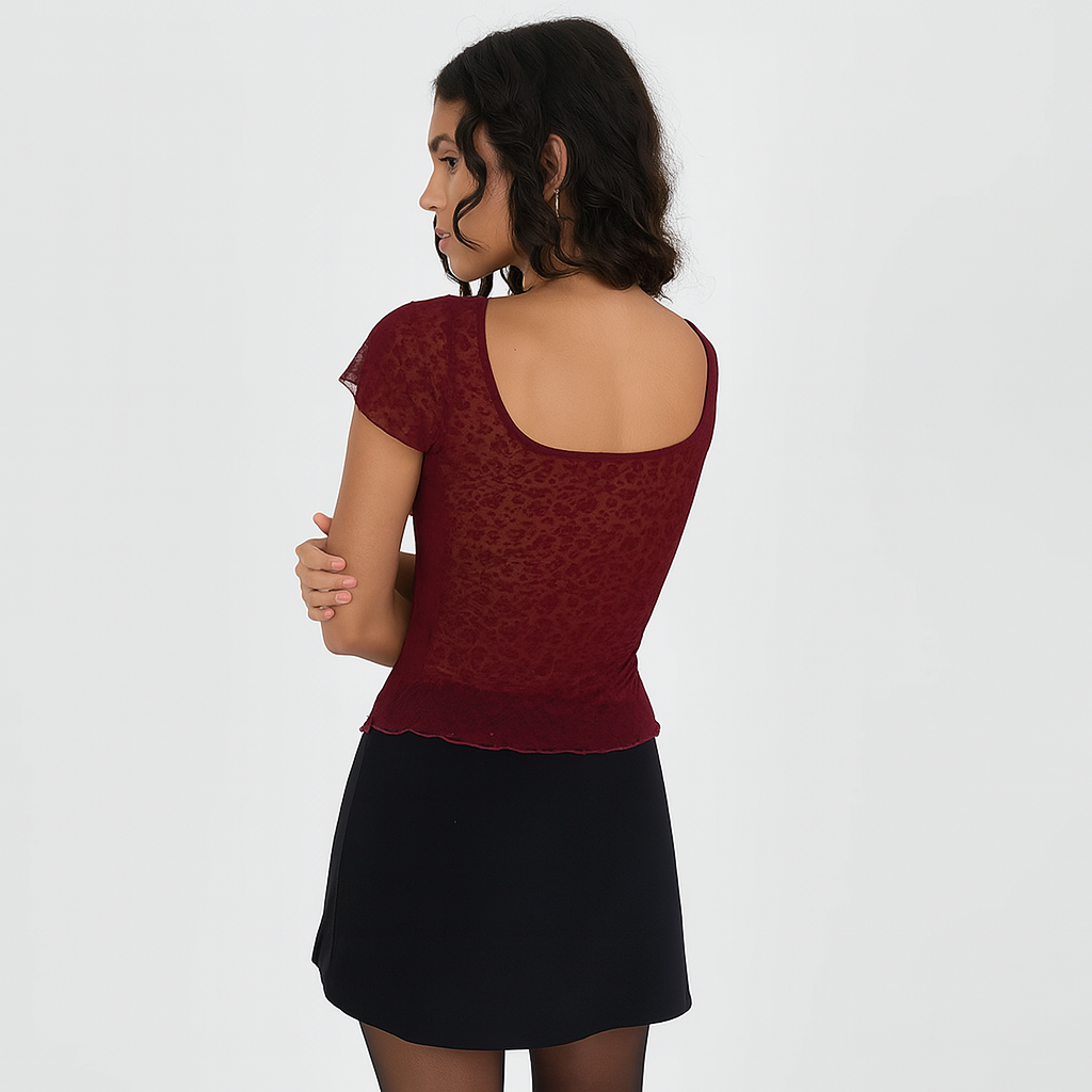 Gothic Red Crop Top with Square Neck and Side Slit
