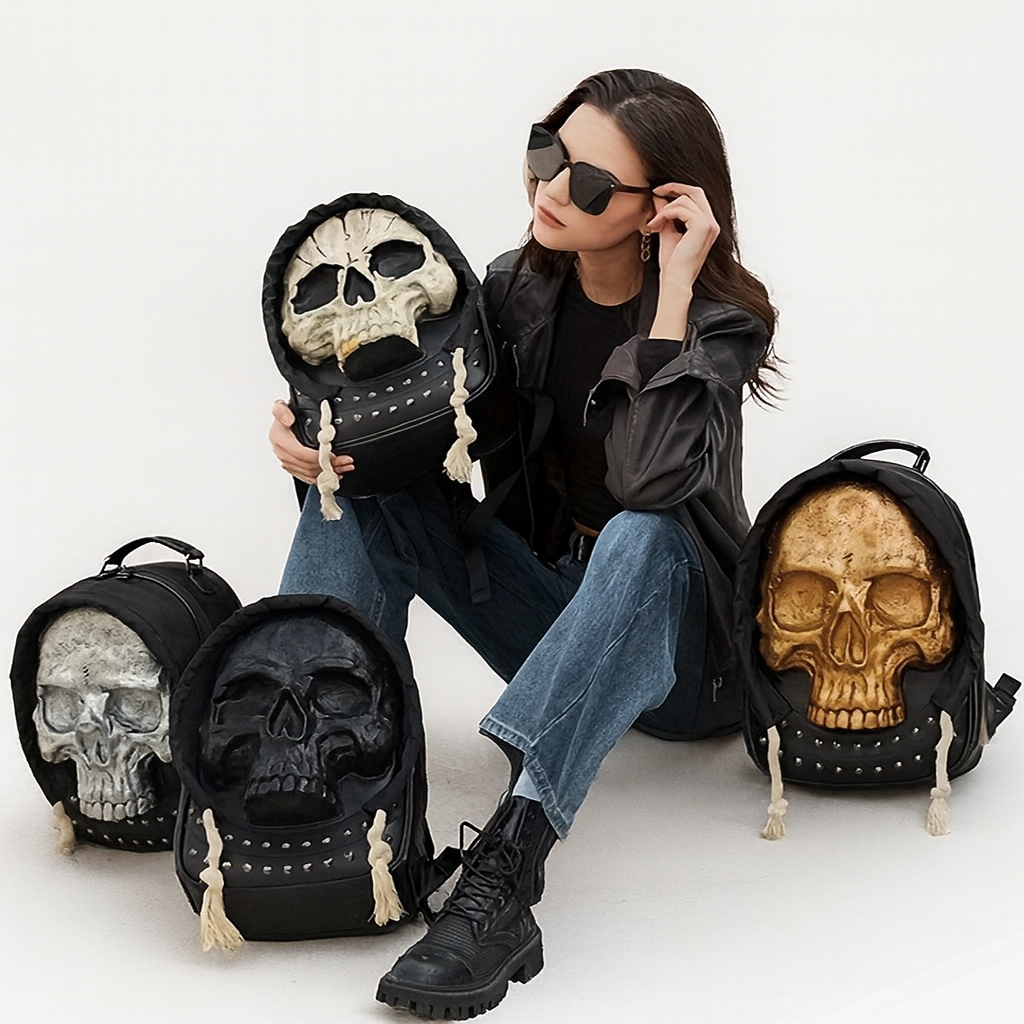 Men's & Women's Gothic Backpack - Halloween Party Costume Bag with Realistic 3D Skull, Black Gothic Backpack, Adjustable Strap, Zipper Closure - for School, Everyday, Costume Events - Edgy Streetwear Backpack, Halloween Clothes