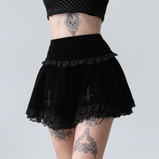 High Waist Lace Ruffle Skirt in Black Velvet