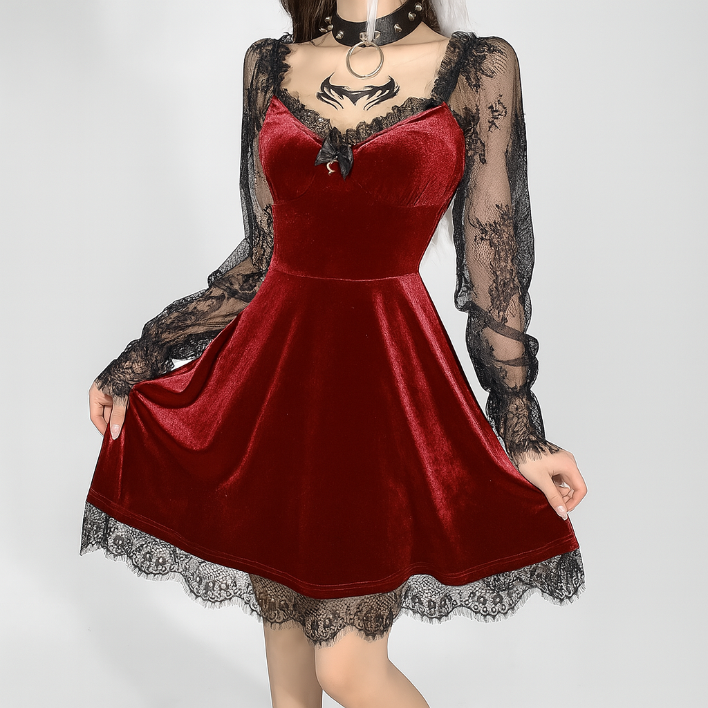 Gothic Ruffled Lace Mini Dress in Black Red and Burgundy