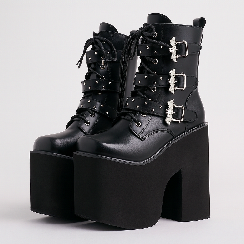 Women'S Mid-Calf Platform Boots, Punk Style Solid Color, with Buckle Detail, Side Zipper, and Lace-Up Front, Flannel Lined, Rubber Sole, Hand Washable, for Dress Occasions, All-Season Comfort, North America & European Special Edition