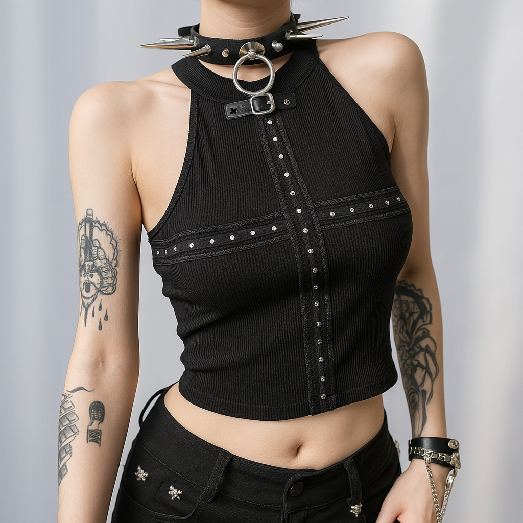 Edgy Halter Neck Gothic Crop Top with Studs and Button Details