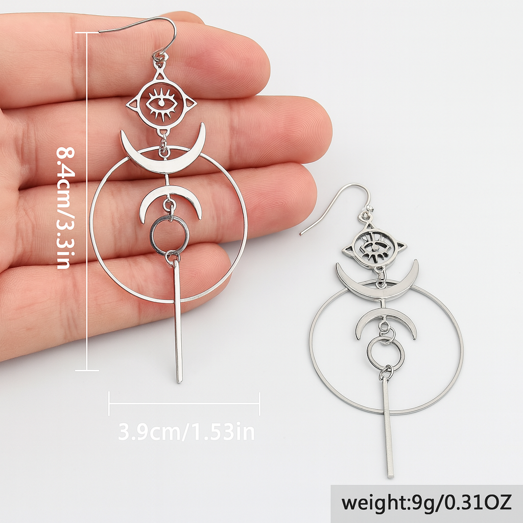 Retro Exaggerated Personality Round Crescent Earrings Trendy Punk Devil's Eye Word Long Pendant Earrings