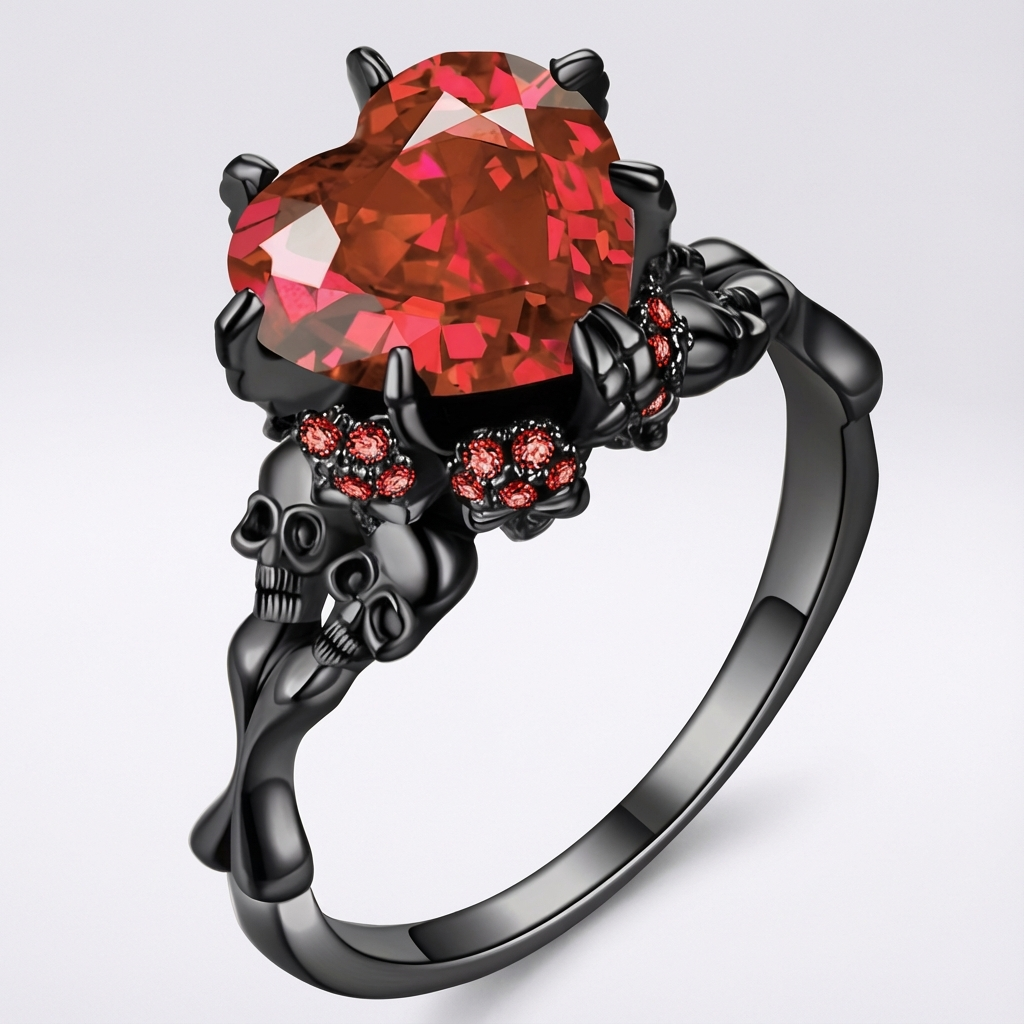 Gothic Black Double Skull Ring with Red Heart-Shaped Crystal – Vintage Women’s Jewelry for Parties, Weddings, and Casual Attire, Skull Jewelry