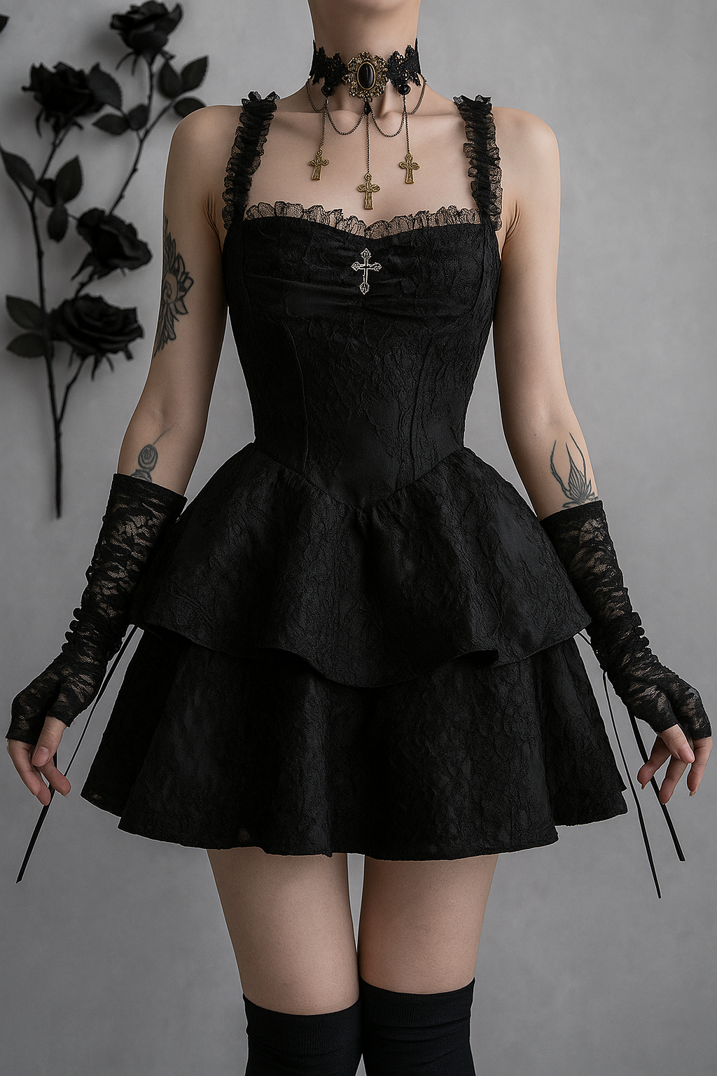 Gothic Ruffled Eclipse Mini Dress in Black Jacquard