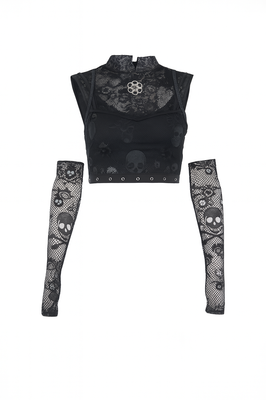 Skull Lace Tank Set with Sheer Mesh Sleeves