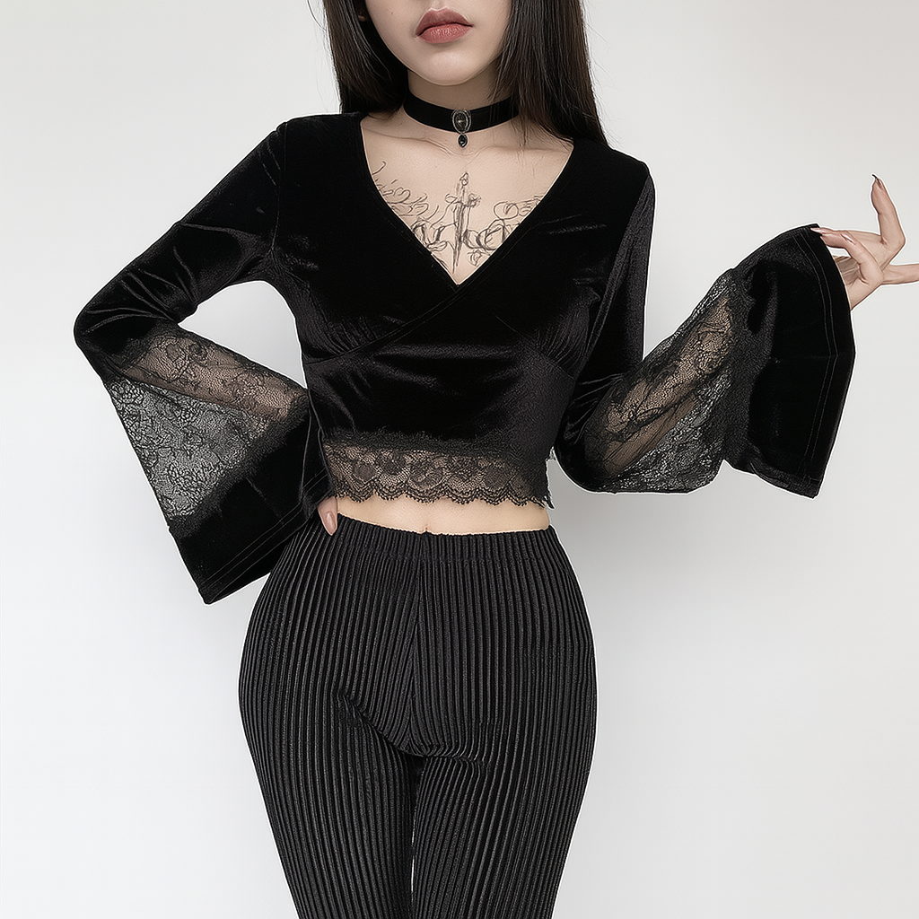 Sheer Lace Flared Sleeve Crop Top