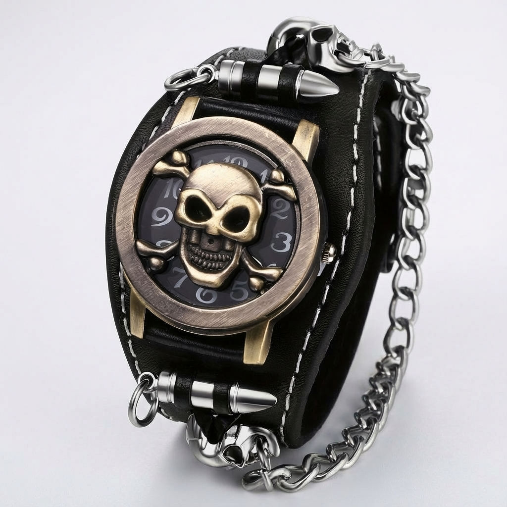 Men's Gothic Punk Skull Watch with Chain - Large Black Wide Cuff Analog Quartz Wristwatch, Golden-Tone Hands & Roman Numerals, Battery-Powered, Durable Metal Construction for Halloween, Valentine's Day & Casual Attire - Edgy Statement Accessory for Men